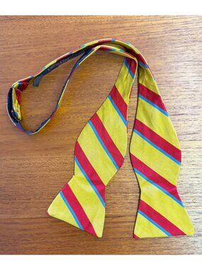 Vintage Polo Ralph Lauren Yellow Red Blue Striped Silk Adjustable Bow Tie USA